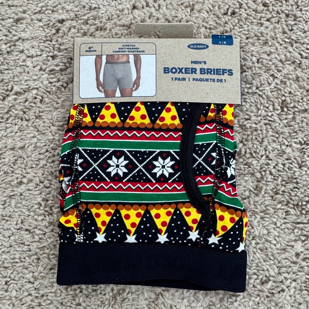 Old Navy Boxers Mens L Pizza Holiday Print Stretch Comfort Waistband 6" Inseam